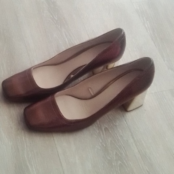 Zara Bronze Metallic Block Heel Pumps Square Toe - Picture 5 of 7
